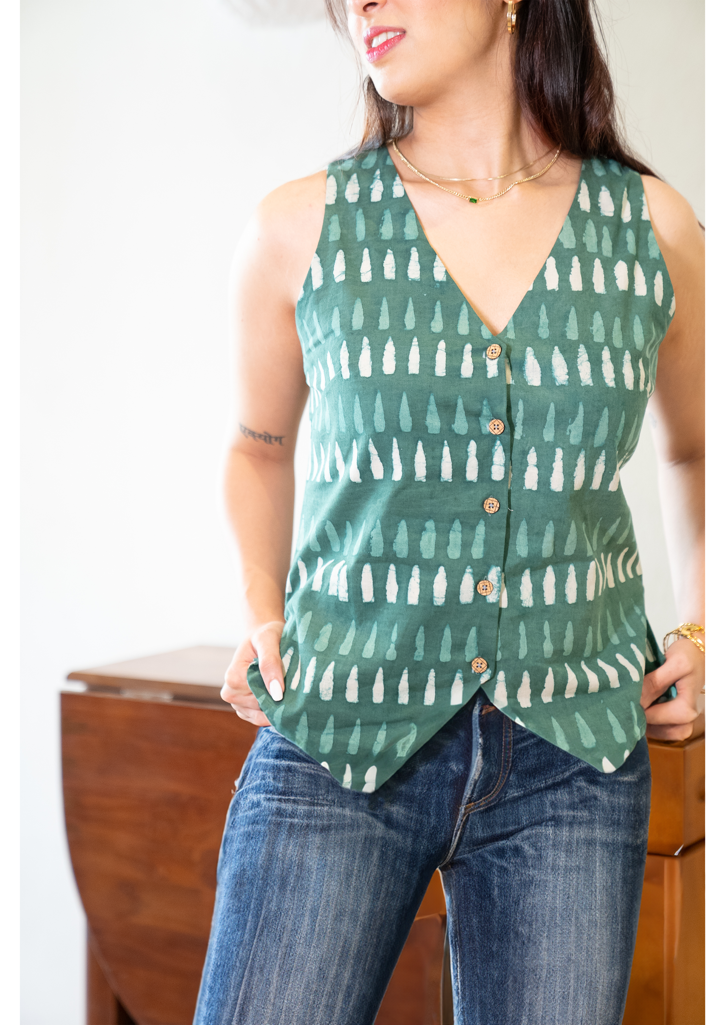 V-Neck Green Hand Block Printed Sleeveless Vest