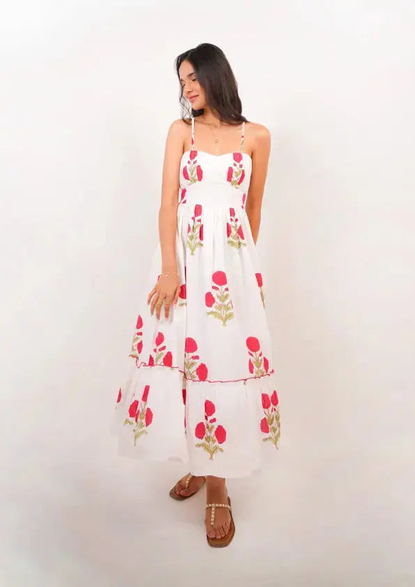 White & Red Floral Hand Block Printed Tube Maxi Dress Spring Summer - 25