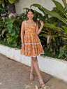 Yellow & White Floral Block Printed Cotton Short Dress with Lace Straps