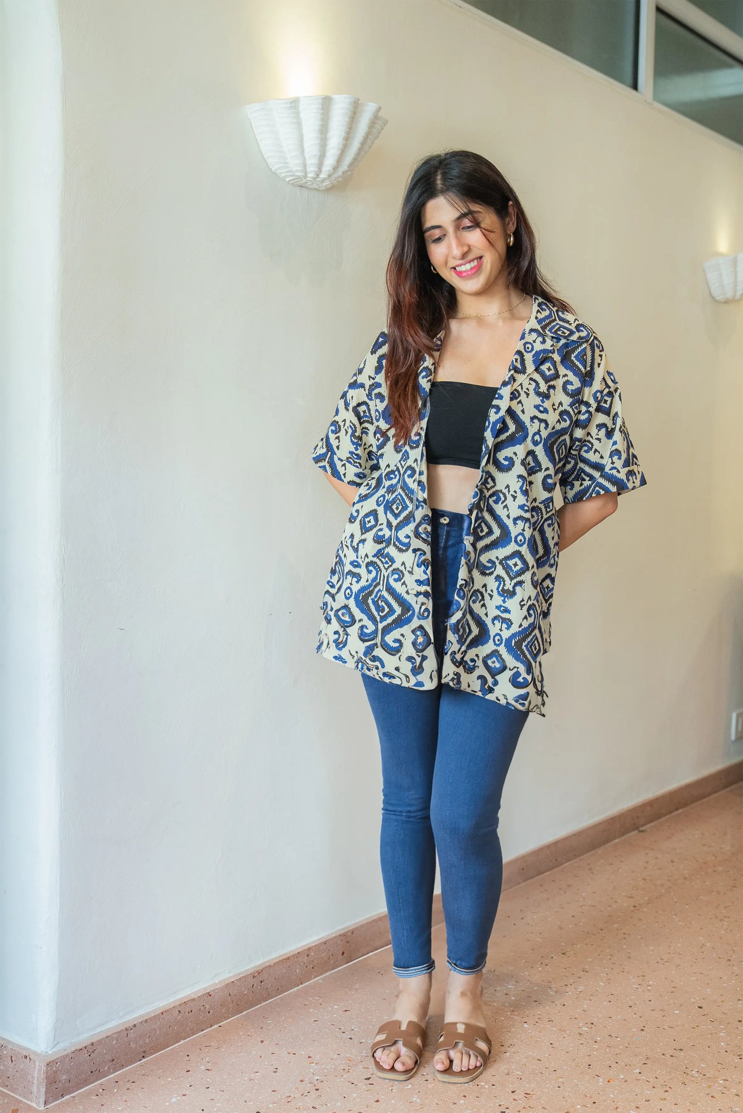 Indigo Blue Ikkat Freesize Shirt SpringSummer'24