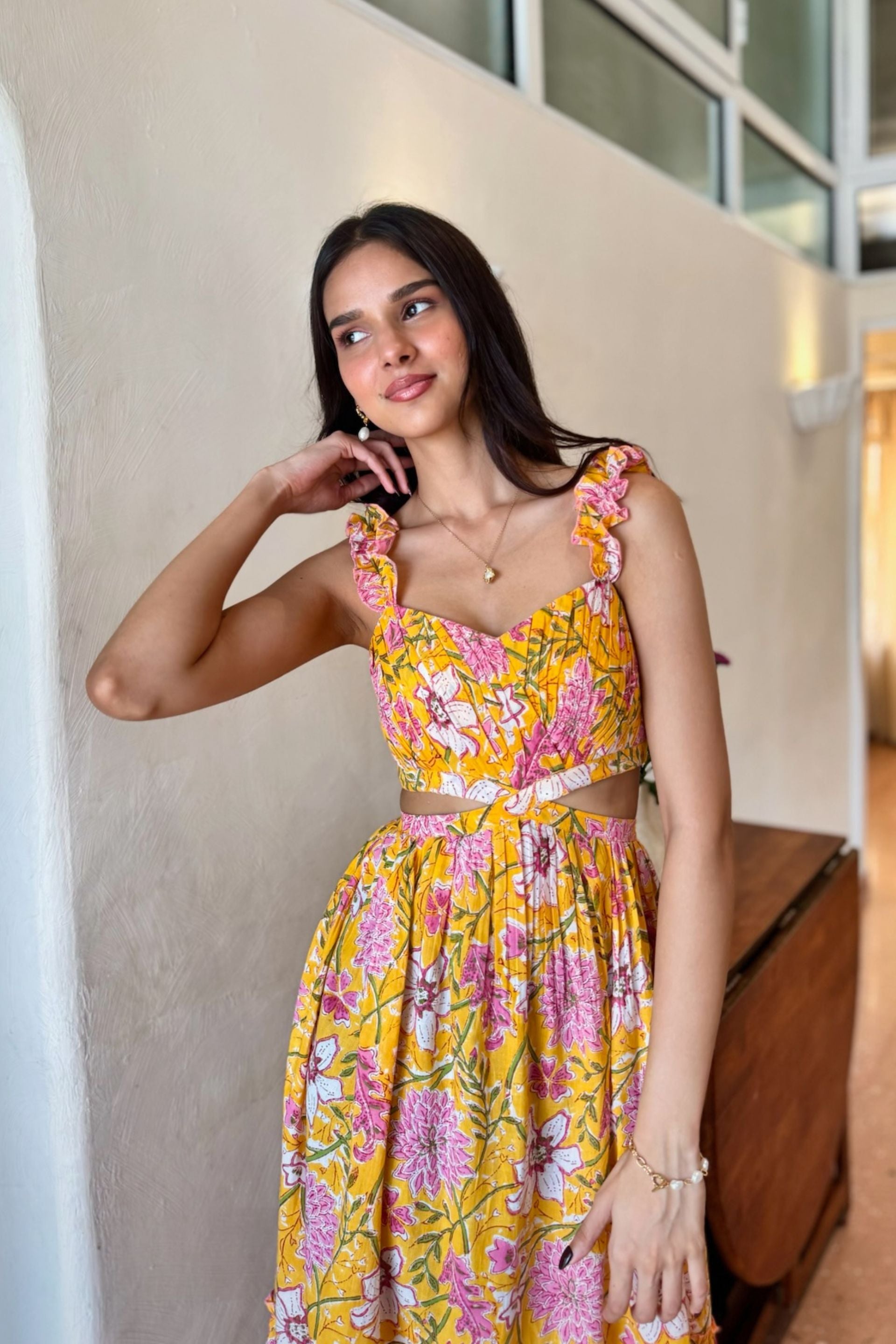 Yellow and Pink Floral Cotton Dress with Frill Straps with One Side Pocket