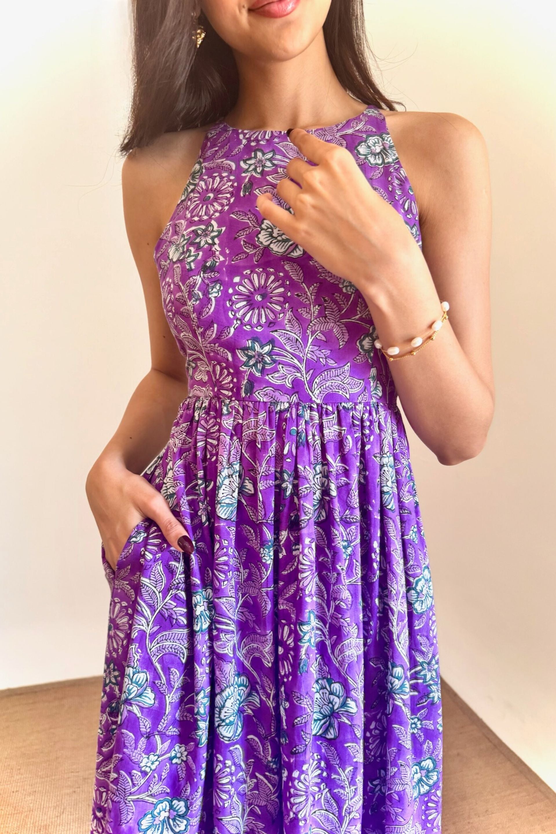 Purple Floral Hand Block Printed Cotton Dress with One Side Pocket
