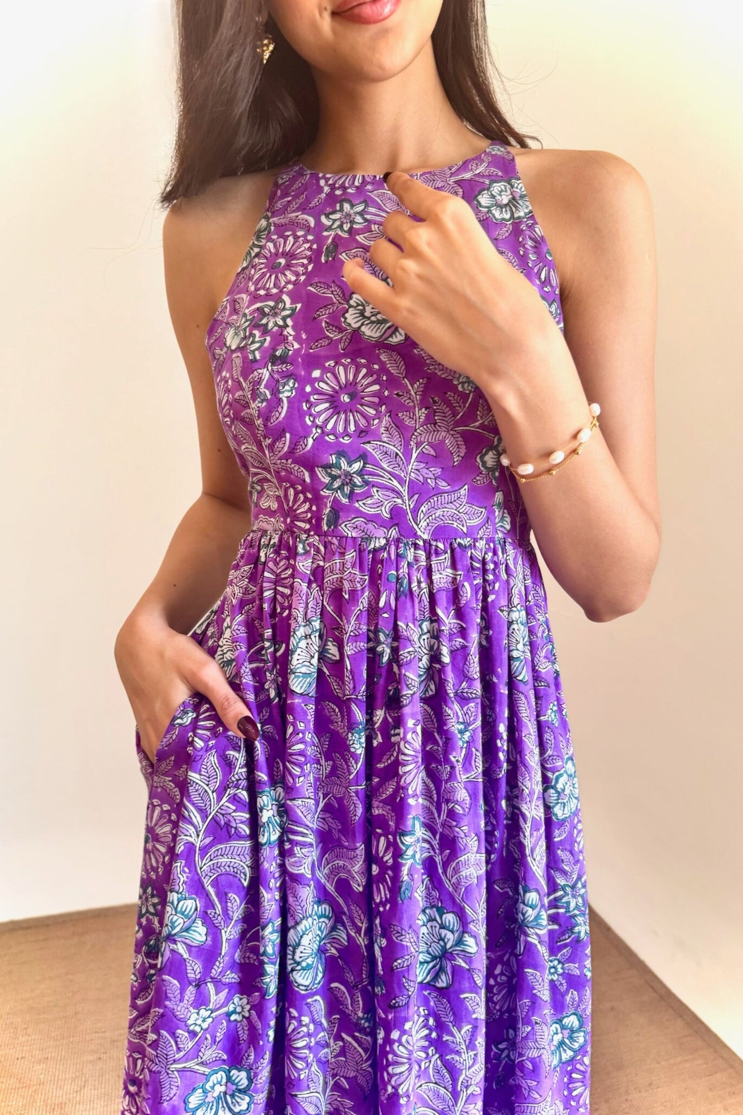 Purple Floral Hand Block Printed Cotton Dress with One Side Pocket LF-Collection