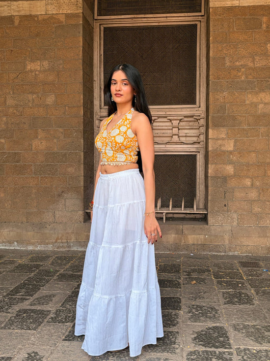 Yellow and White Floral Halter Top with Back Smocking & Lace Detailing