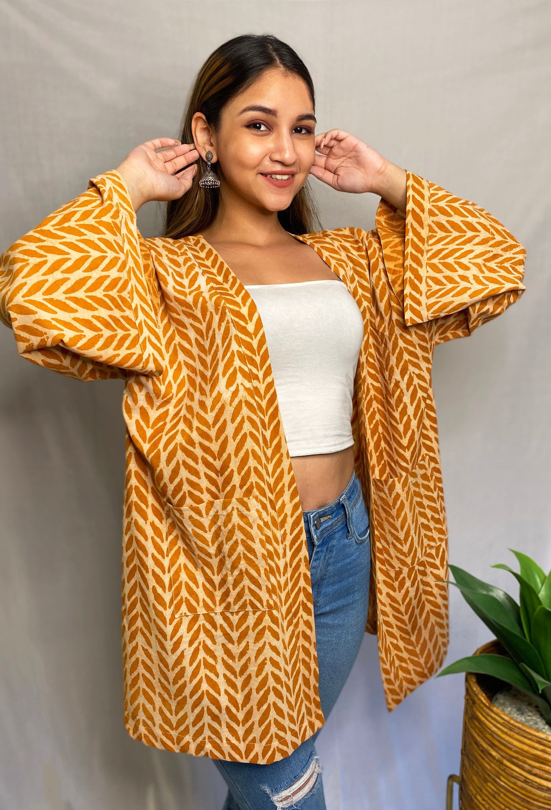 Mustard Pure Cotton Free Size Hand-Printed Shrug