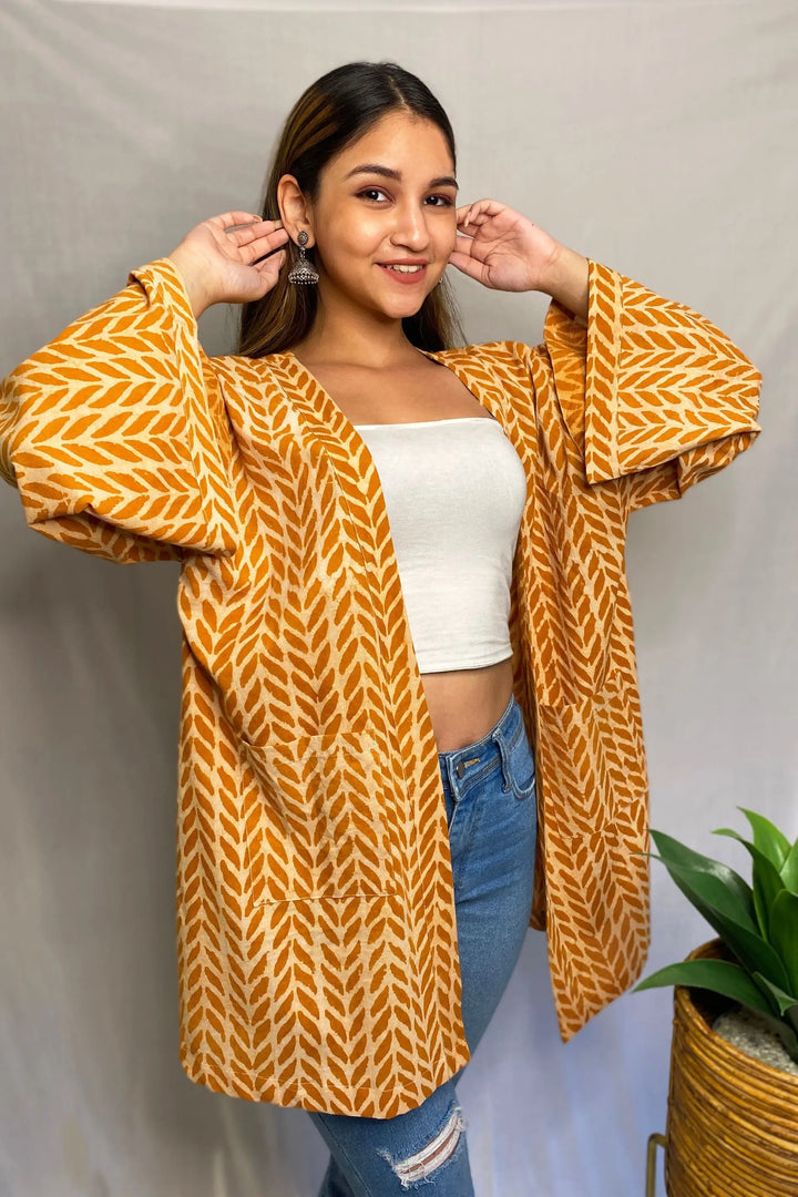 Mustard Pure Cotton Free Size Hand-Printed Shrug AMARAA