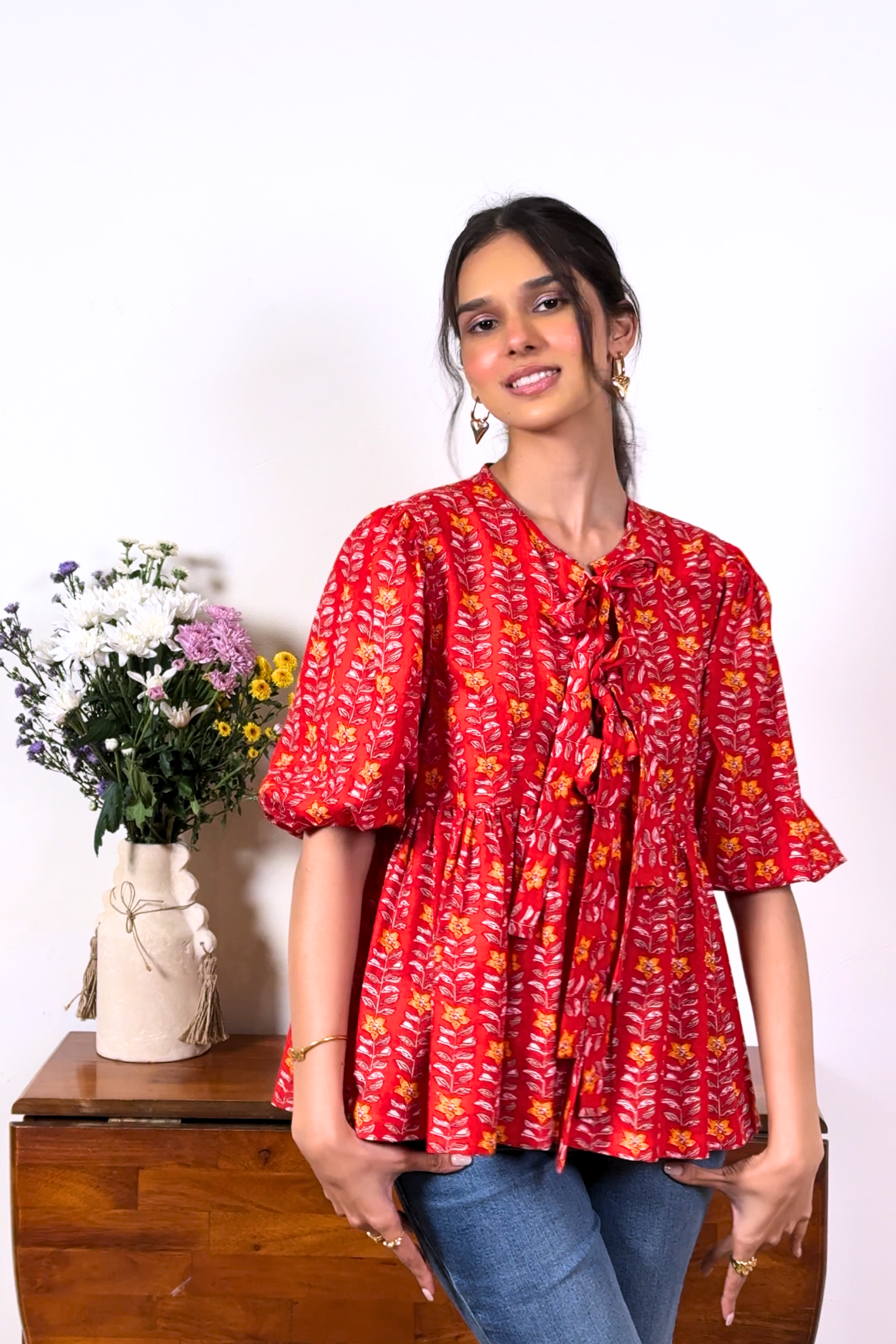 Hand Block Floral Print Red Front Bow Tie Up Top RESORT'24