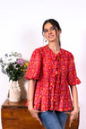 Hand Block Floral Print Red Front Bow Tie Up Top RESORT'24
