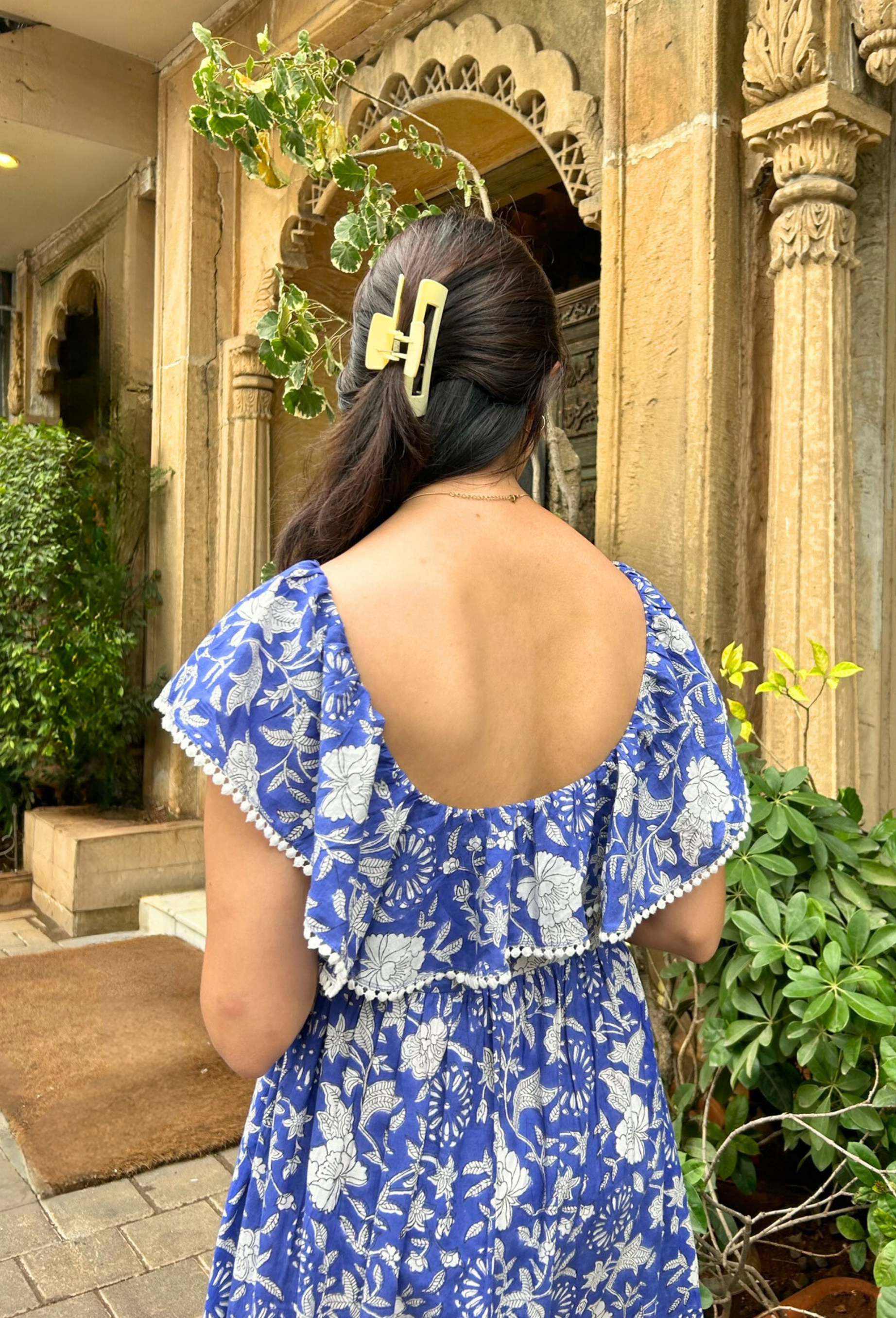 Blue and White Hand Printed Maxi Dress with Pocket
