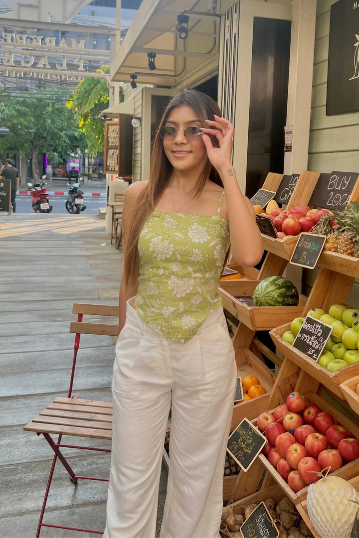 Pastel Green Floral Scarf Top Crafted from Cotton fabric with Adjustable Straps AMARAA