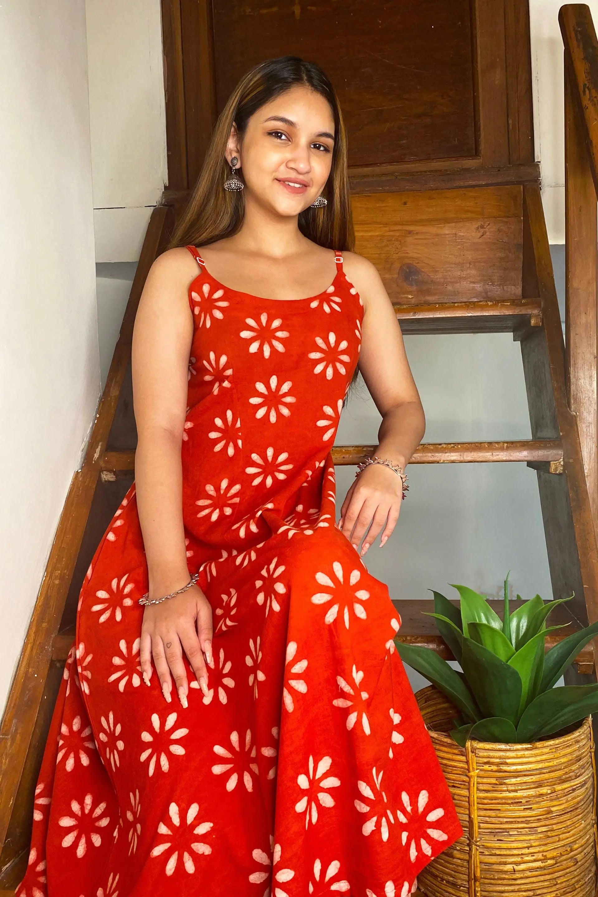 Red A-Line Cotton Hand-Block Print Midi Dress With Pocket and Adjustable Straps AMARAA