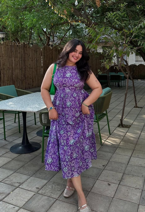 Purple Floral Hand Block Printed Cotton Dress with One Side Pocket LF-Collection