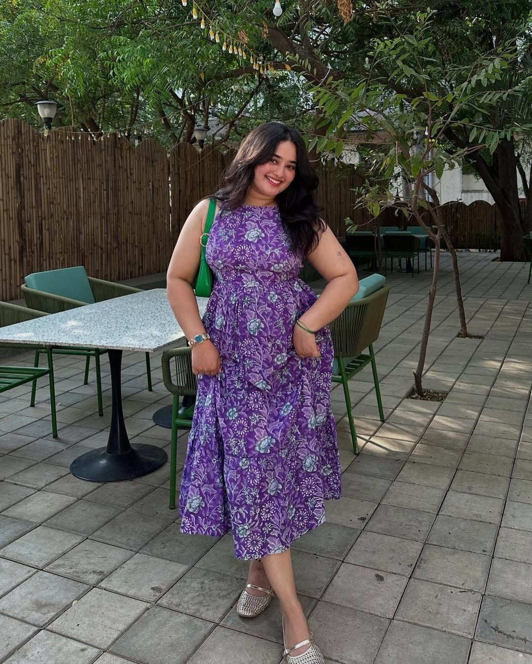 Purple Floral Hand Block Printed Cotton Dress with One Side Pocket LF-Collection