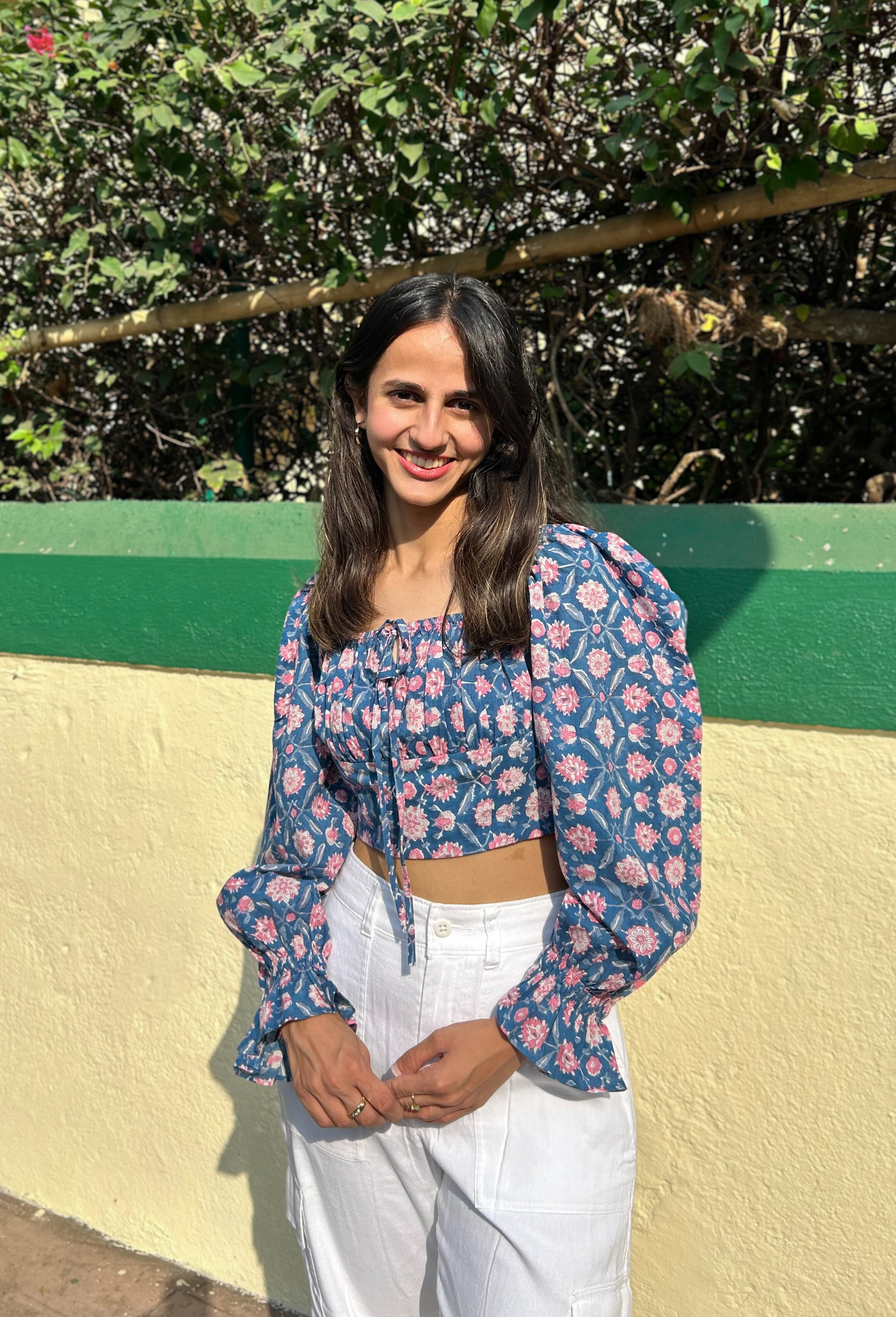 Pure Cotton Top in Blue & Pink Floral Print Full Sleeves Top