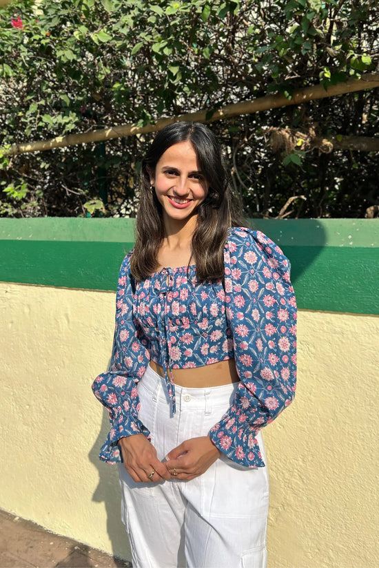 Pure Cotton Top in Blue & Pink Floral Print Full Sleeves Top AMARAA
