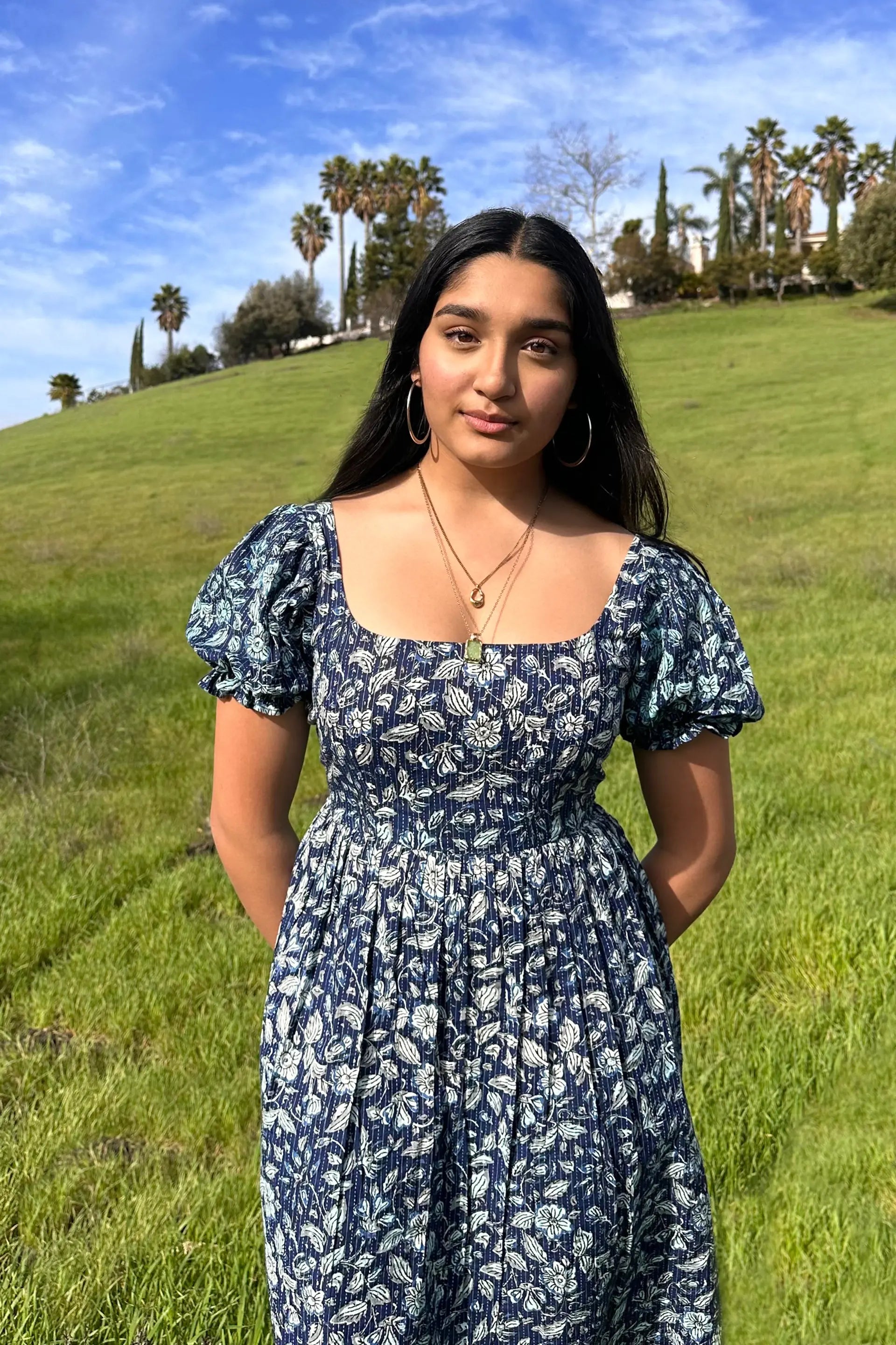 Blue and White Hand-Printed Short Cotton Dress AMARAA
