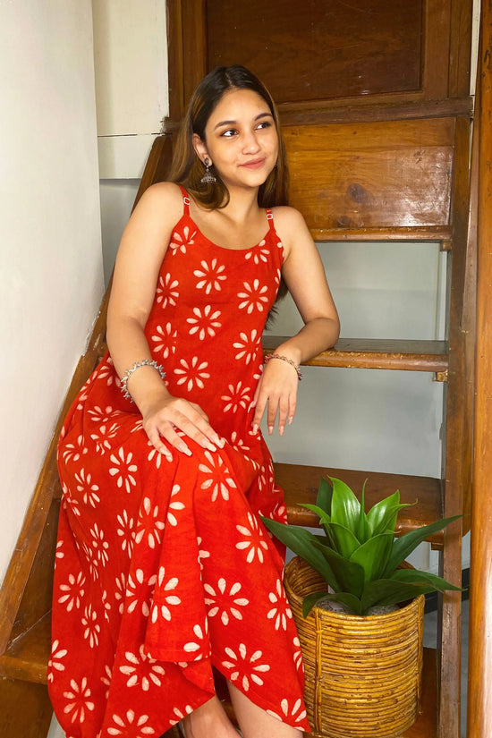 Red A-Line Cotton Hand-Block Print Midi Dress With Pocket and Adjustable Straps AMARAA