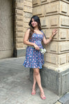 Blue & Pink Floral Hand-Printed Cotton Corset Short Dress