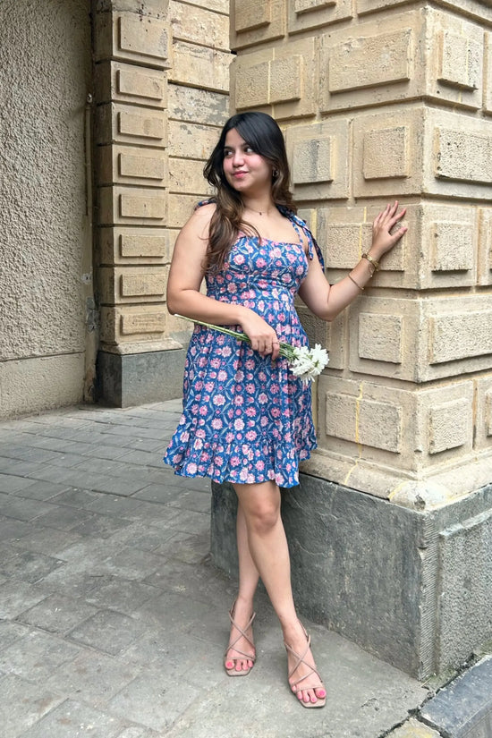 Blue and Pink Floral Hand-printed Corset Short Dress with Pocket AMARAA