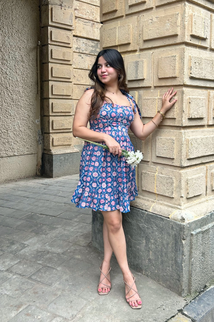 Blue and Pink Floral Hand-printed Corset Short Dress with Pocket AMARAA