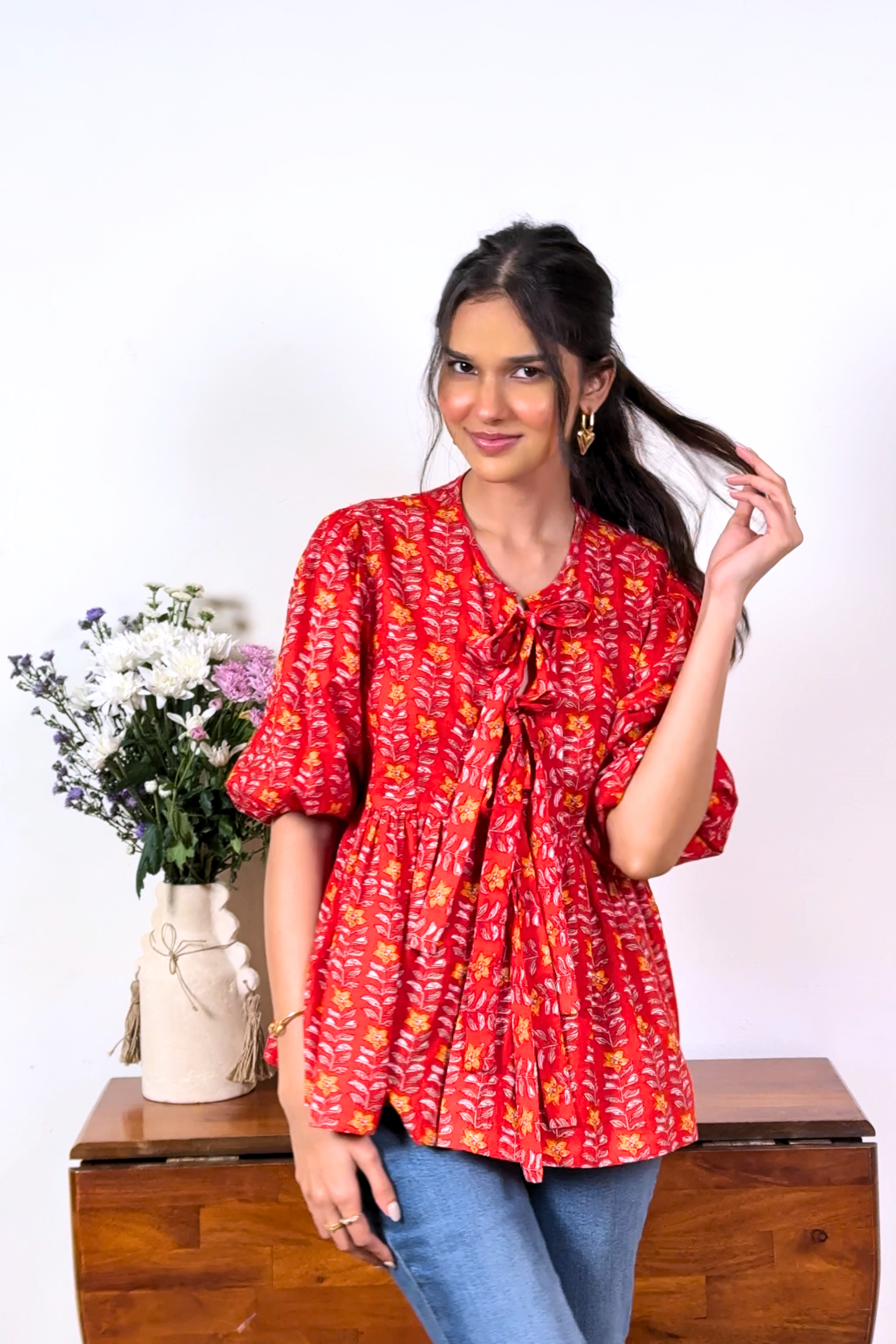 Hand Block Floral Print Red Front Bow Tie Up Top RESORT'24