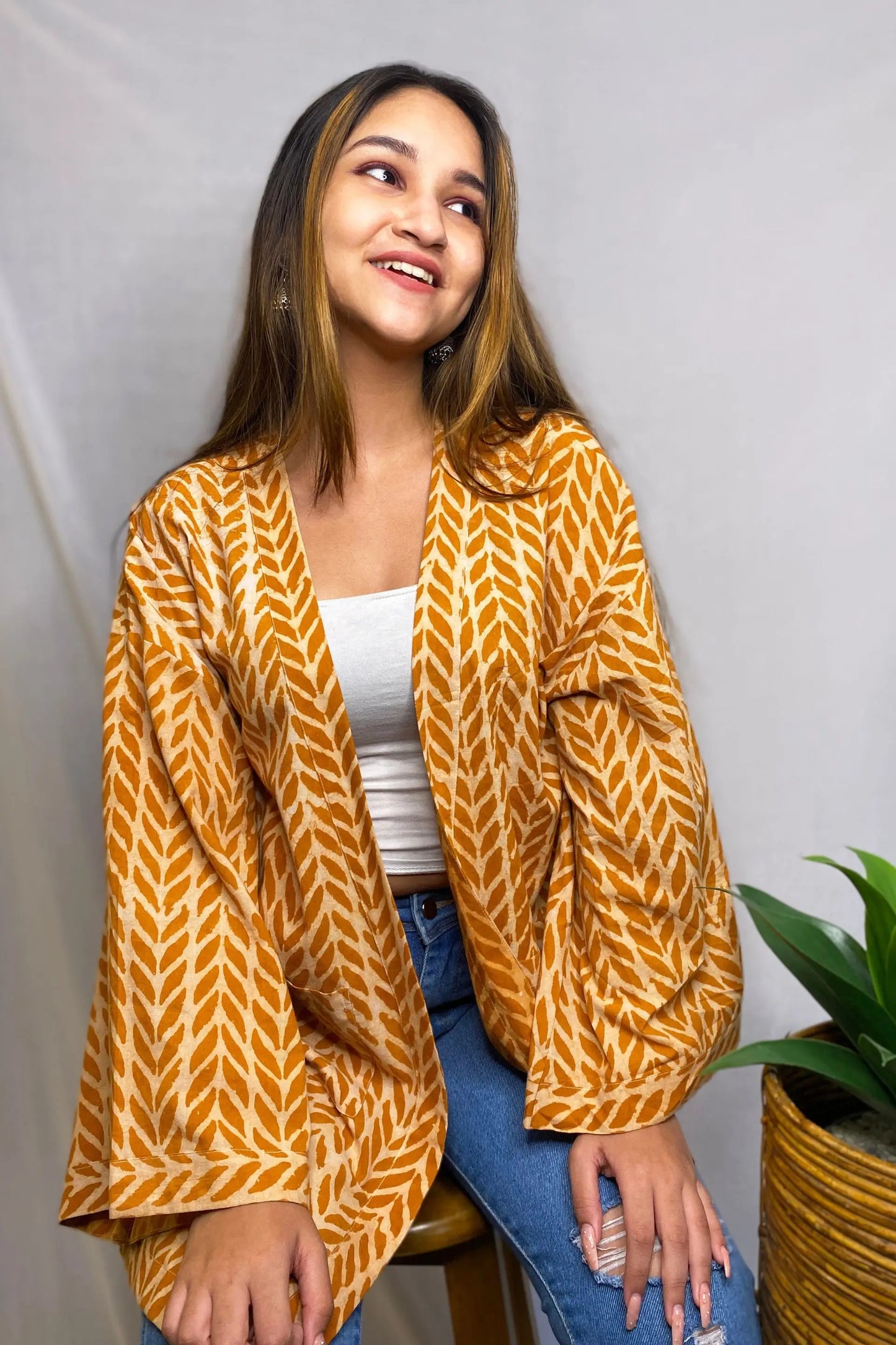 Mustard Pure Cotton Free Size Hand-Printed Shrug AMARAA