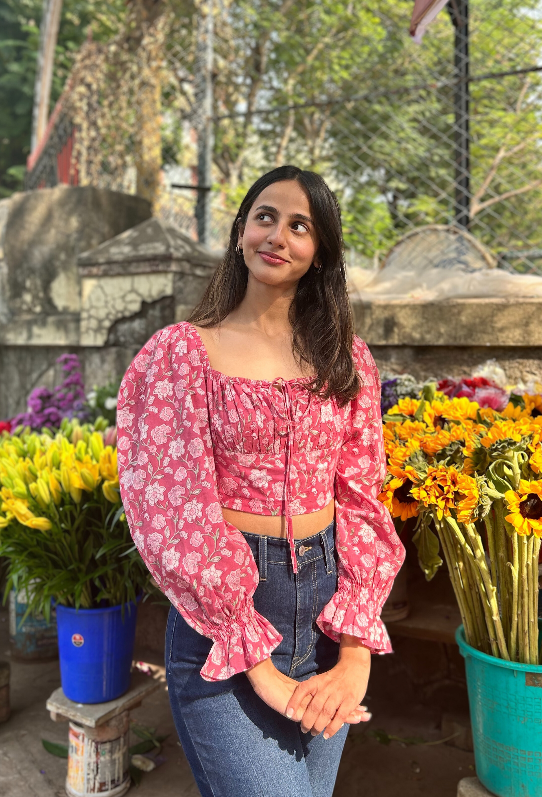 Amaraa's Full Sleeves Floral Pink Top With Back Smocking