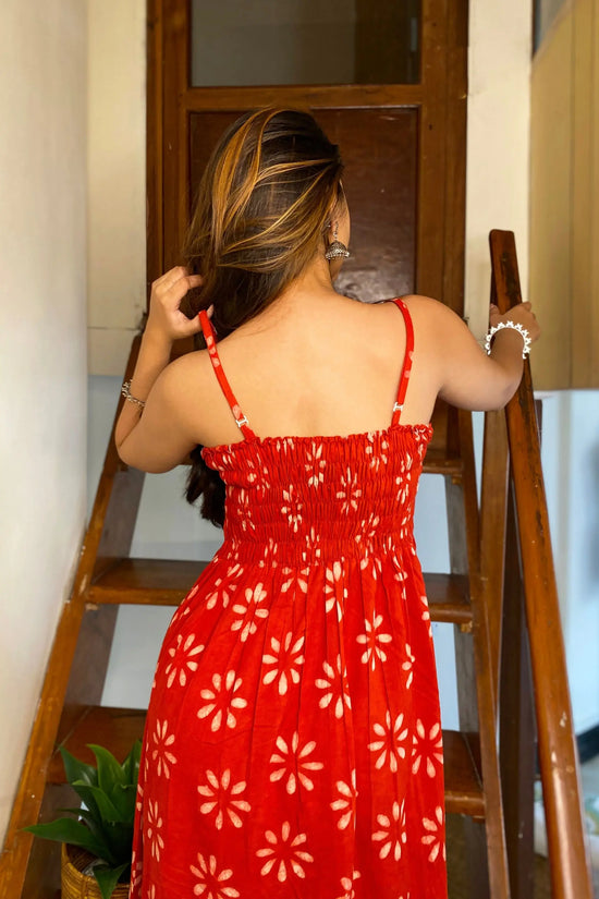 Red A-Line Cotton Hand-Block Print Midi Dress With Pocket and Adjustable Straps AMARAA
