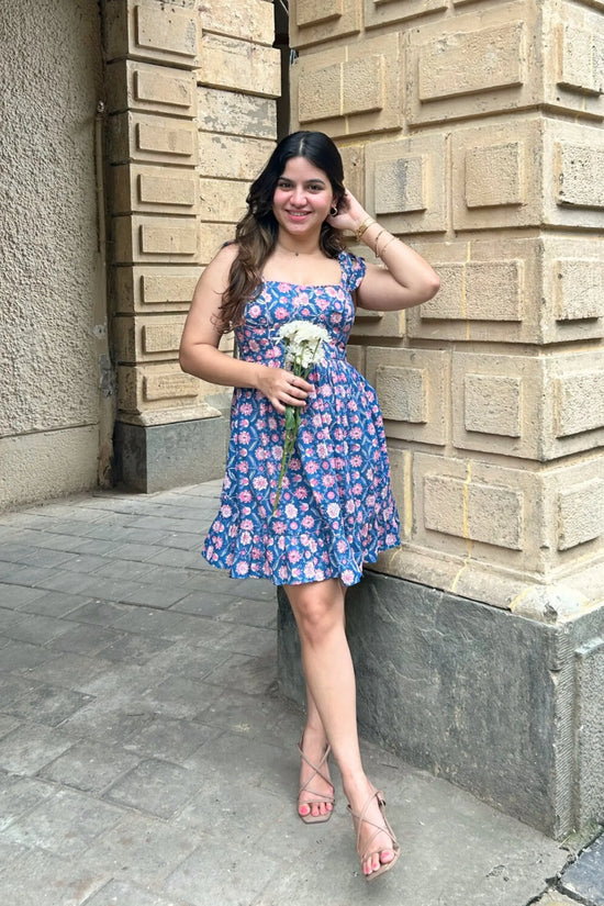 Blue and Pink Floral Hand-printed Corset Short Dress with Pocket AMARAA