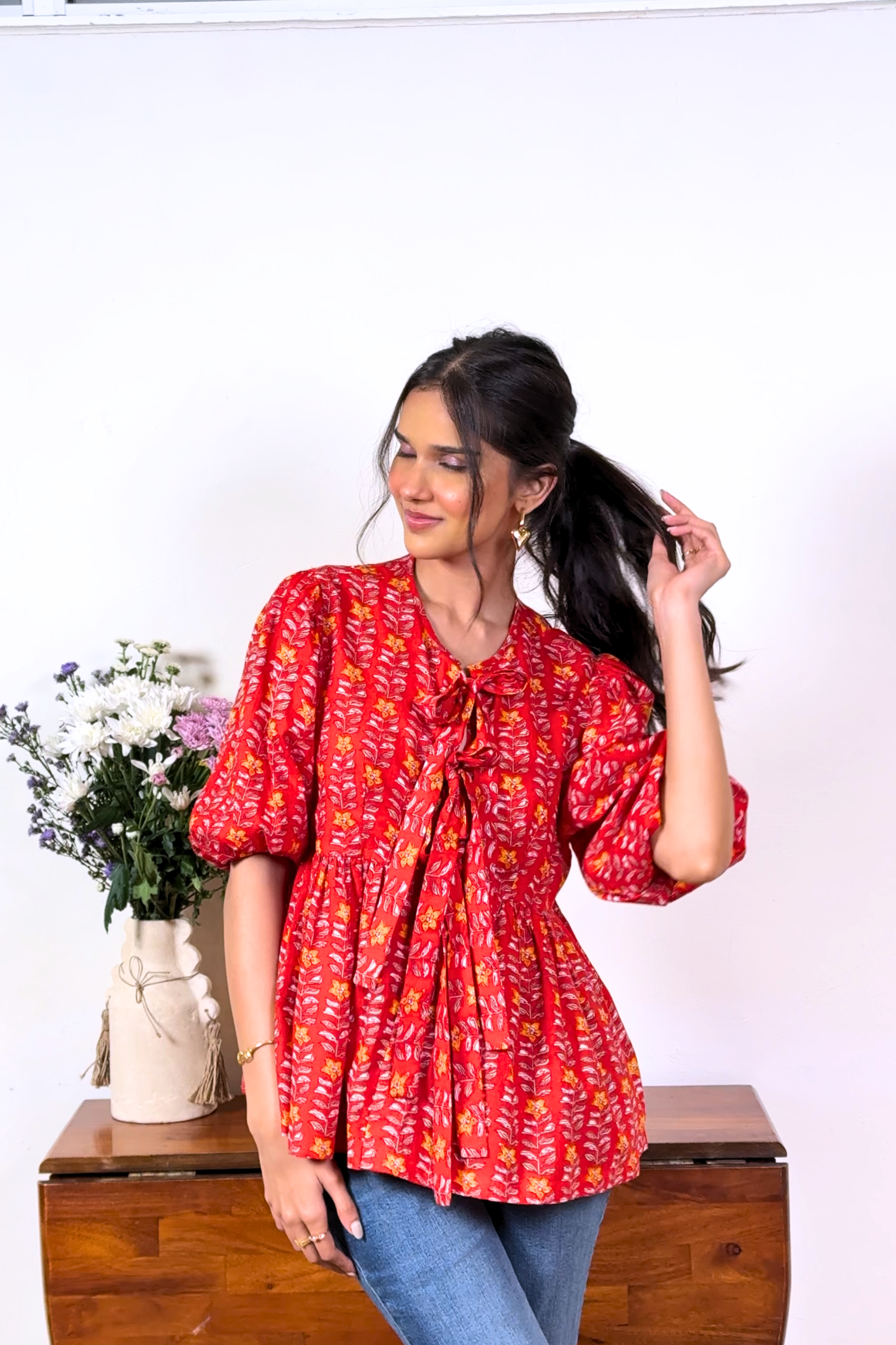 Hand Block Floral Print Red Front Bow Tie Up Top