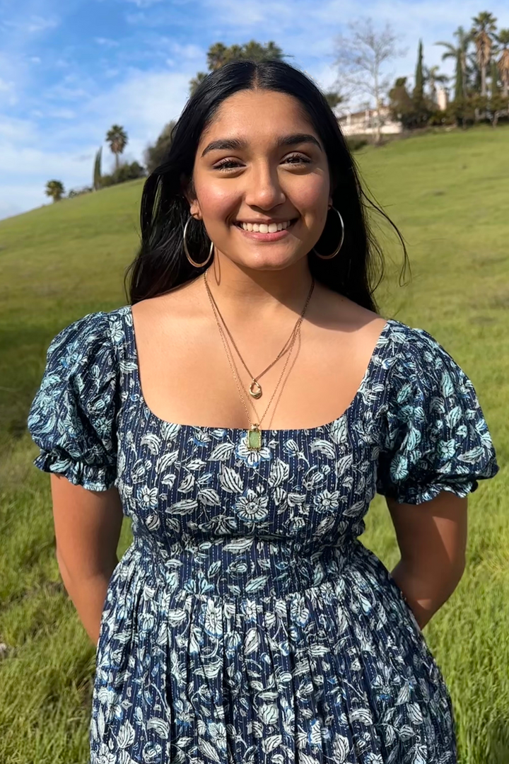 Blue and White Hand-Printed Short Cotton Dress AMARAA