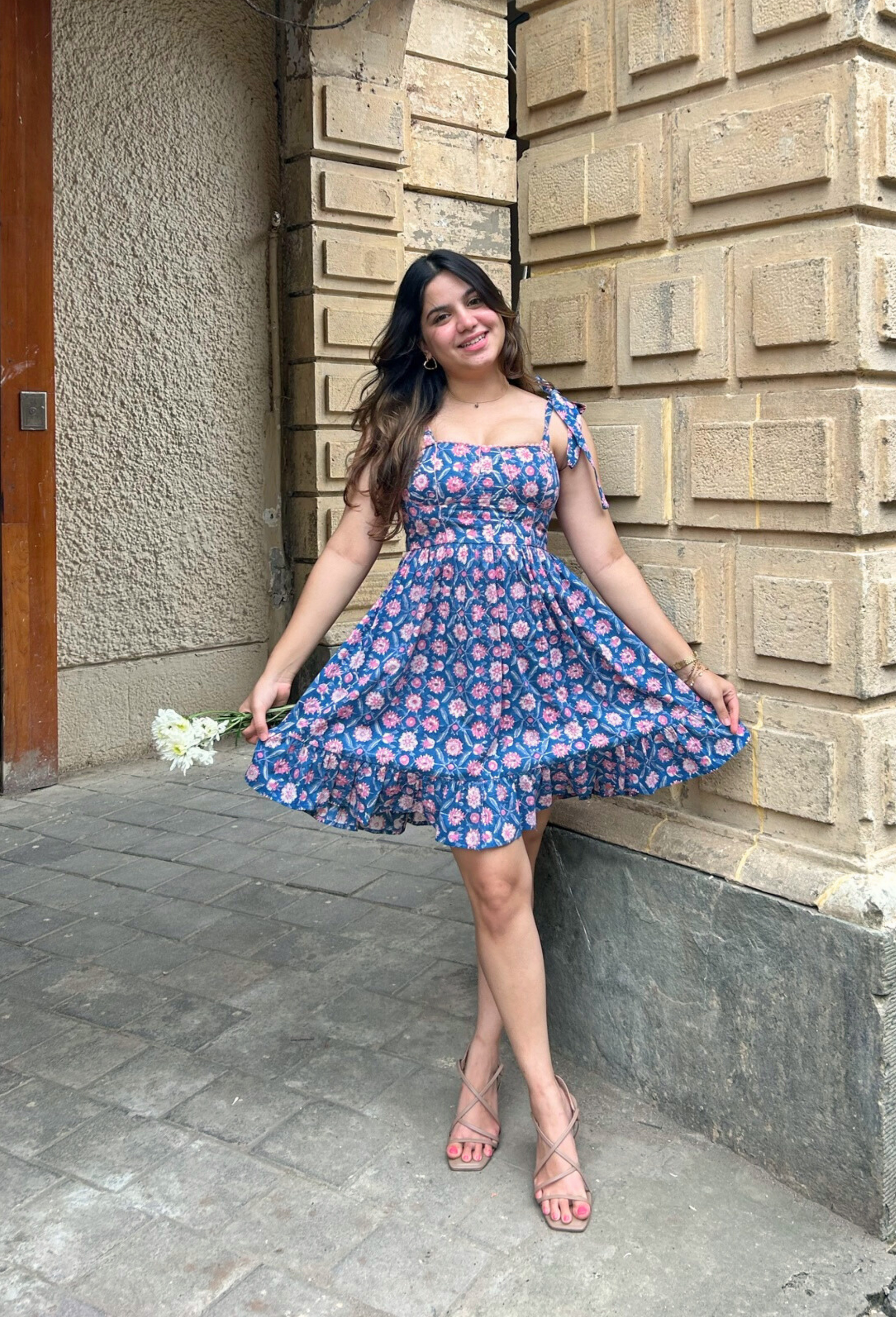 Blue and Pink Floral Hand-printed Corset Short Dress with Pocket