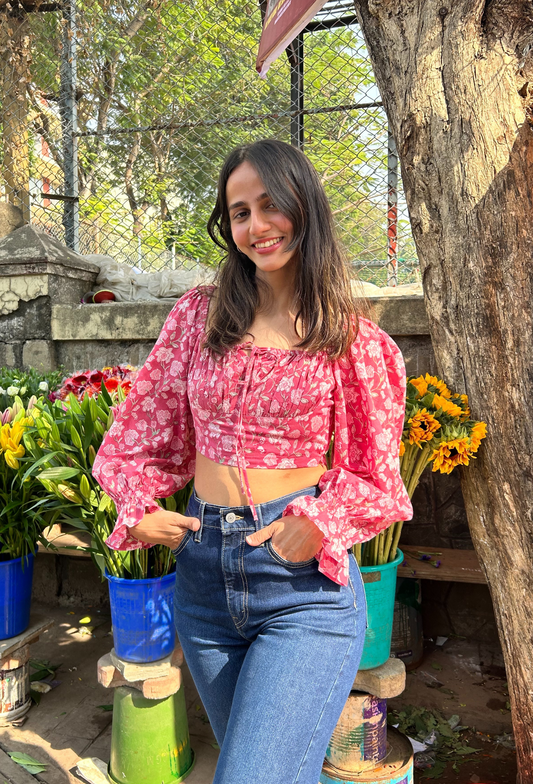 Amaraa's Full Sleeves Floral Pink Top With Back Smocking