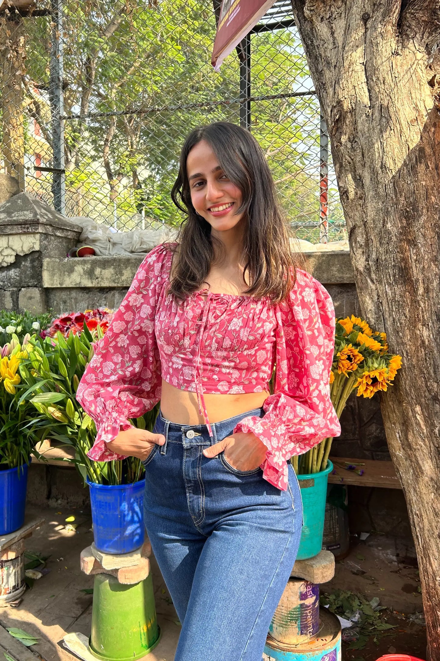 Amaraa's Full Sleeves Floral Pink Top With Back Smocking AMARAA