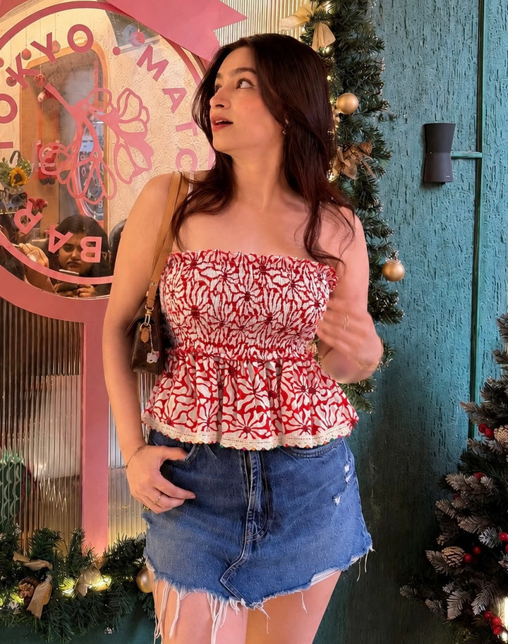 Red Smocking Tube Top with Boho Lace