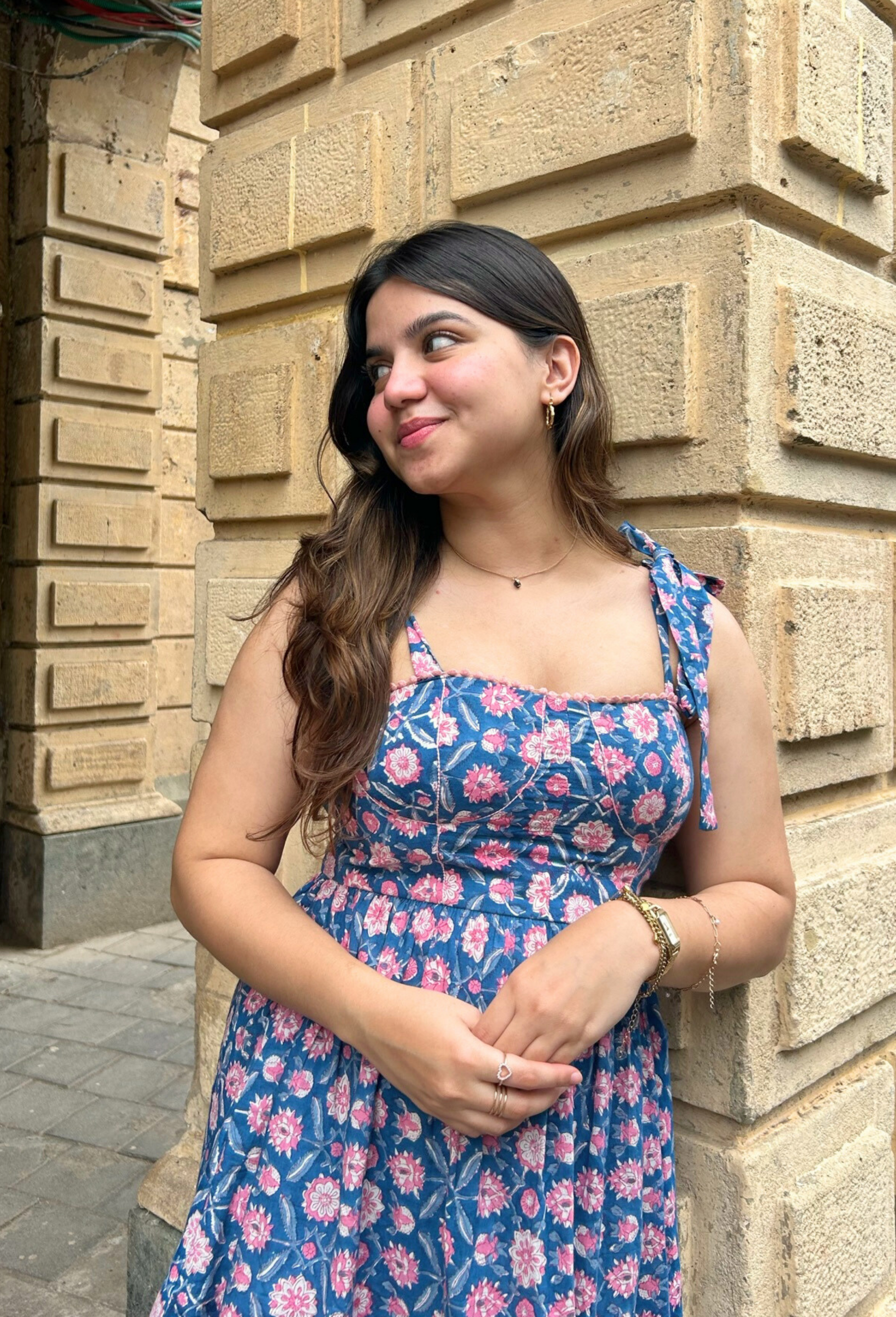 Blue and Pink Floral Hand-printed Corset Short Dress with Pocket