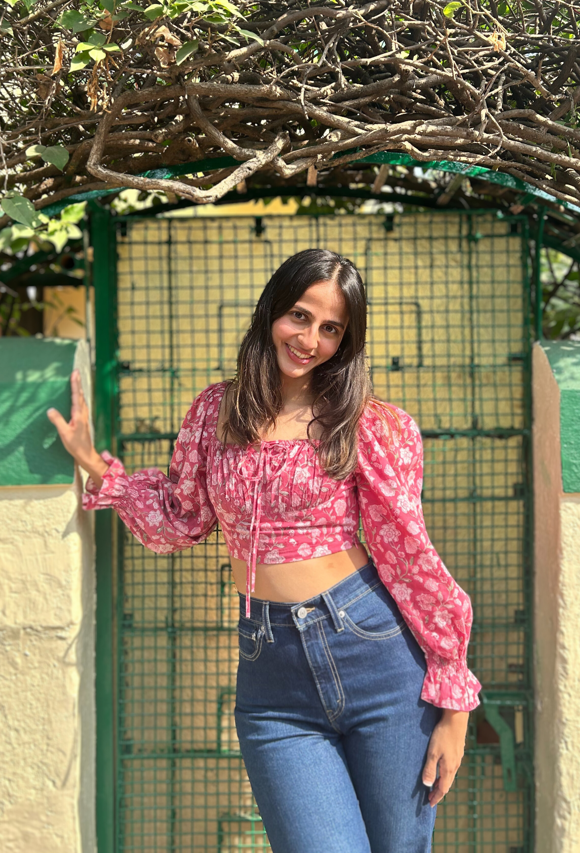 Amaraa's Full Sleeves Floral Pink Top With Back Smocking