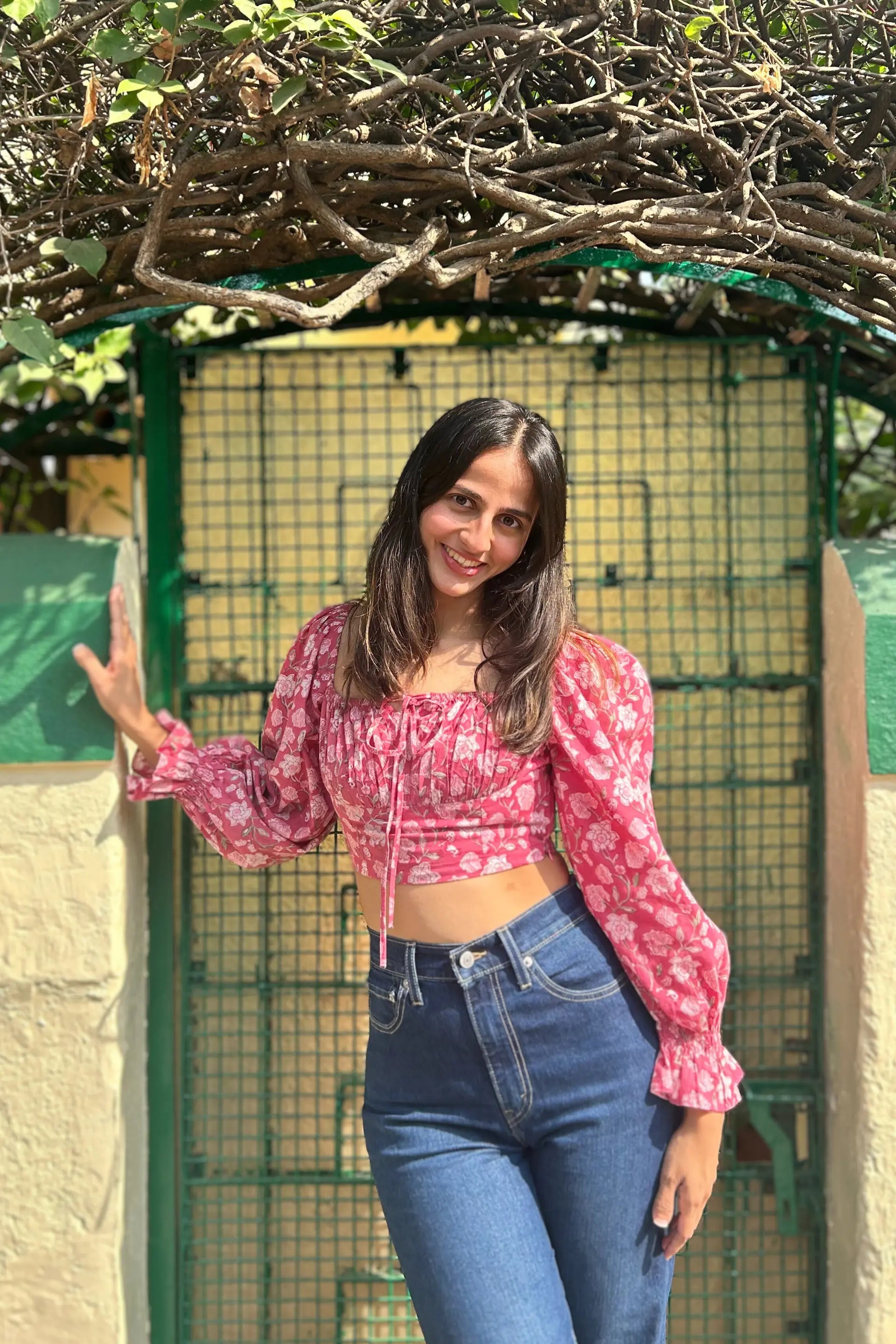 Amaraa's Full Sleeves Floral Pink Top With Back Smocking AMARAA