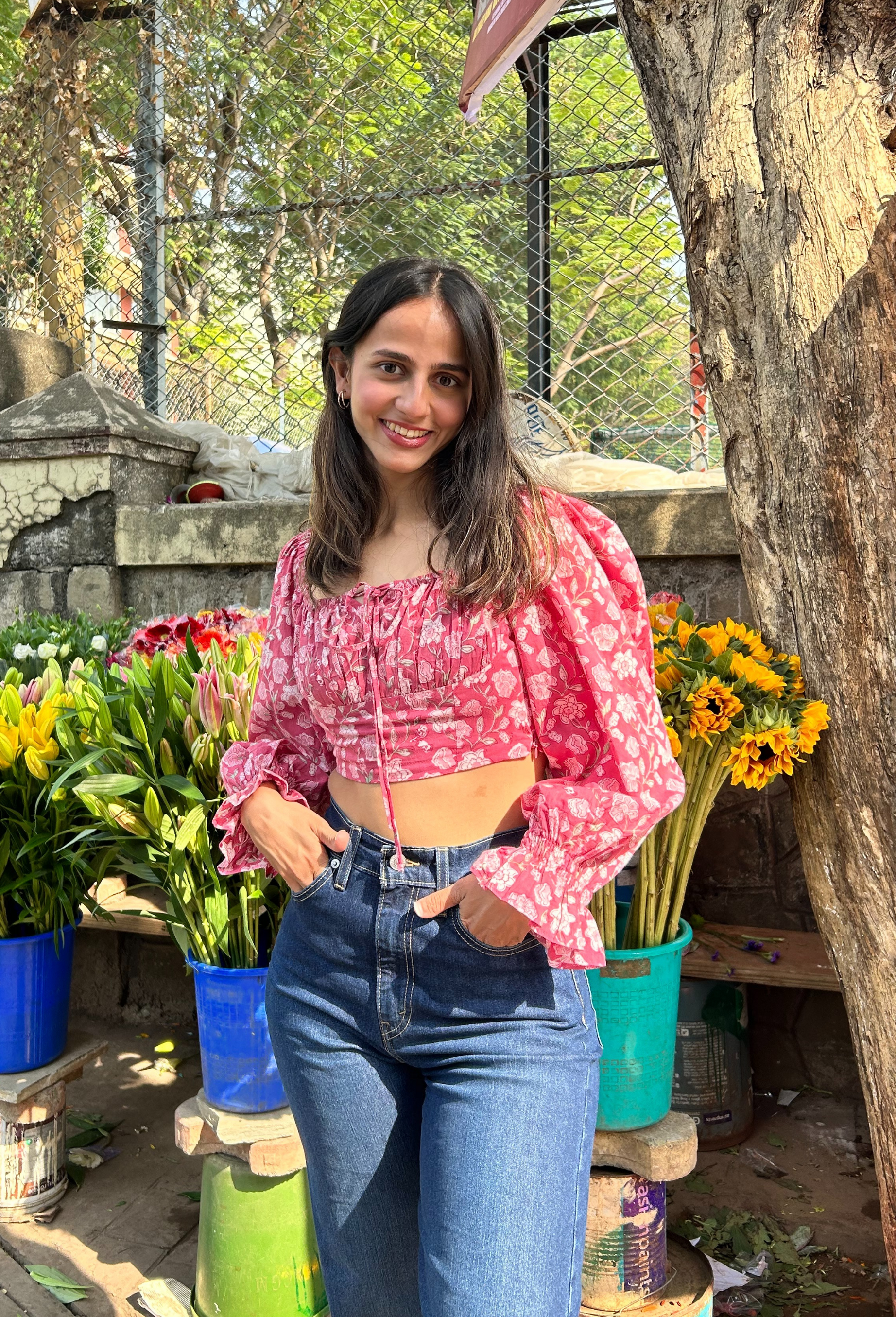 Amaraa's Full Sleeves Floral Pink Top With Back Smocking