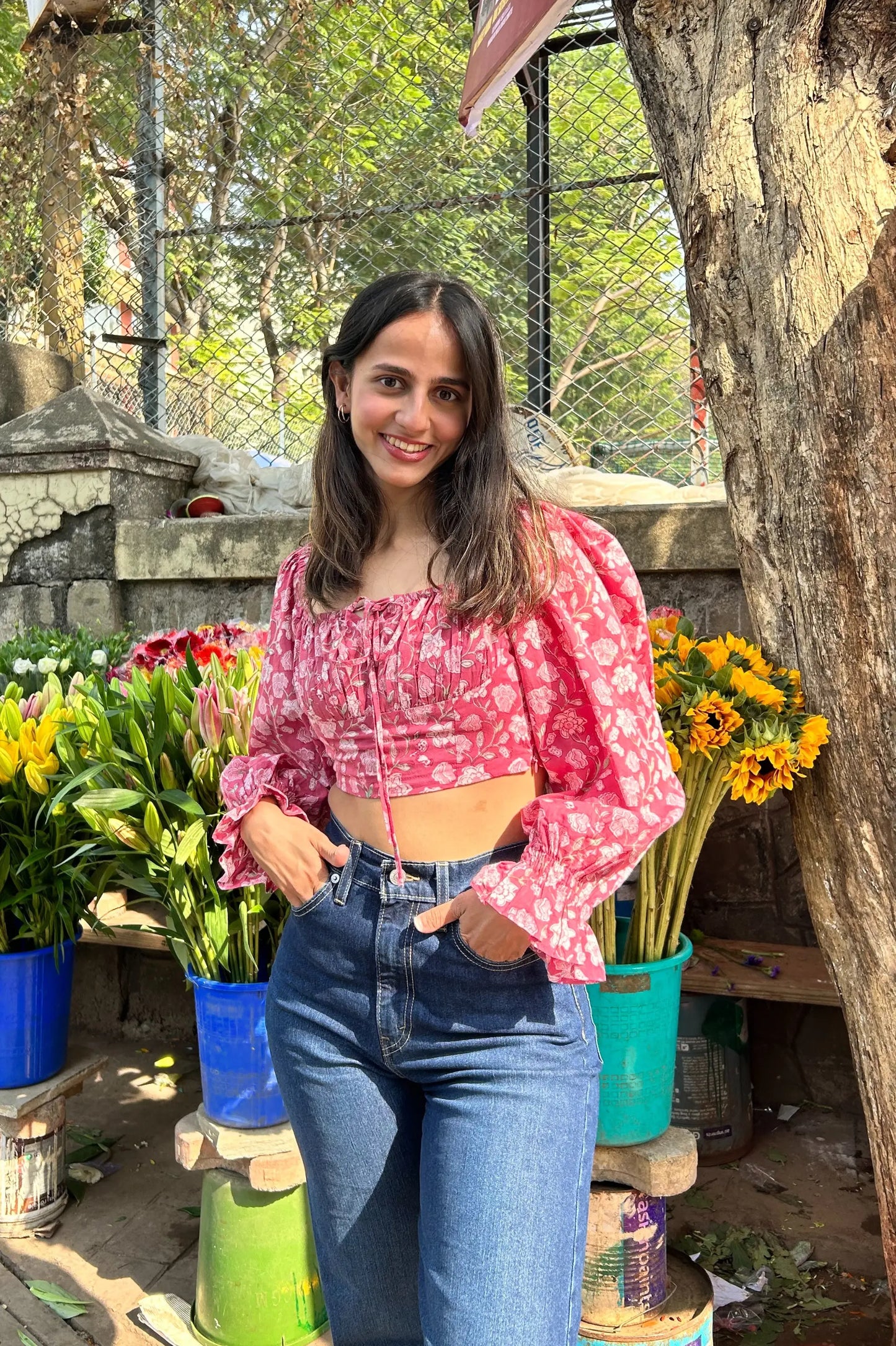 Amaraa's Full Sleeves Floral Pink Top With Back Smocking AMARAA