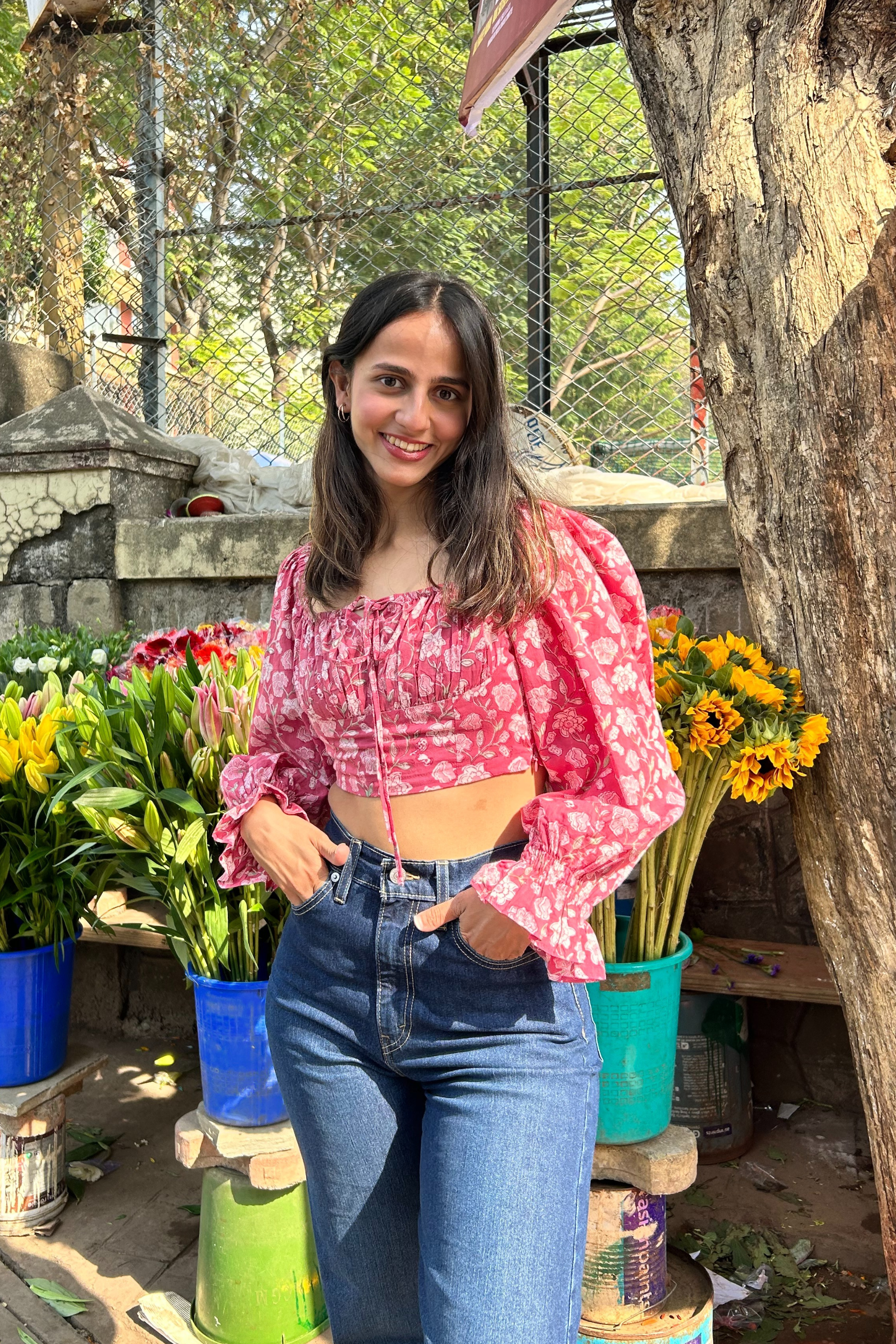 Amaraa's Full Sleeves Floral Pink Top With Back Smocking