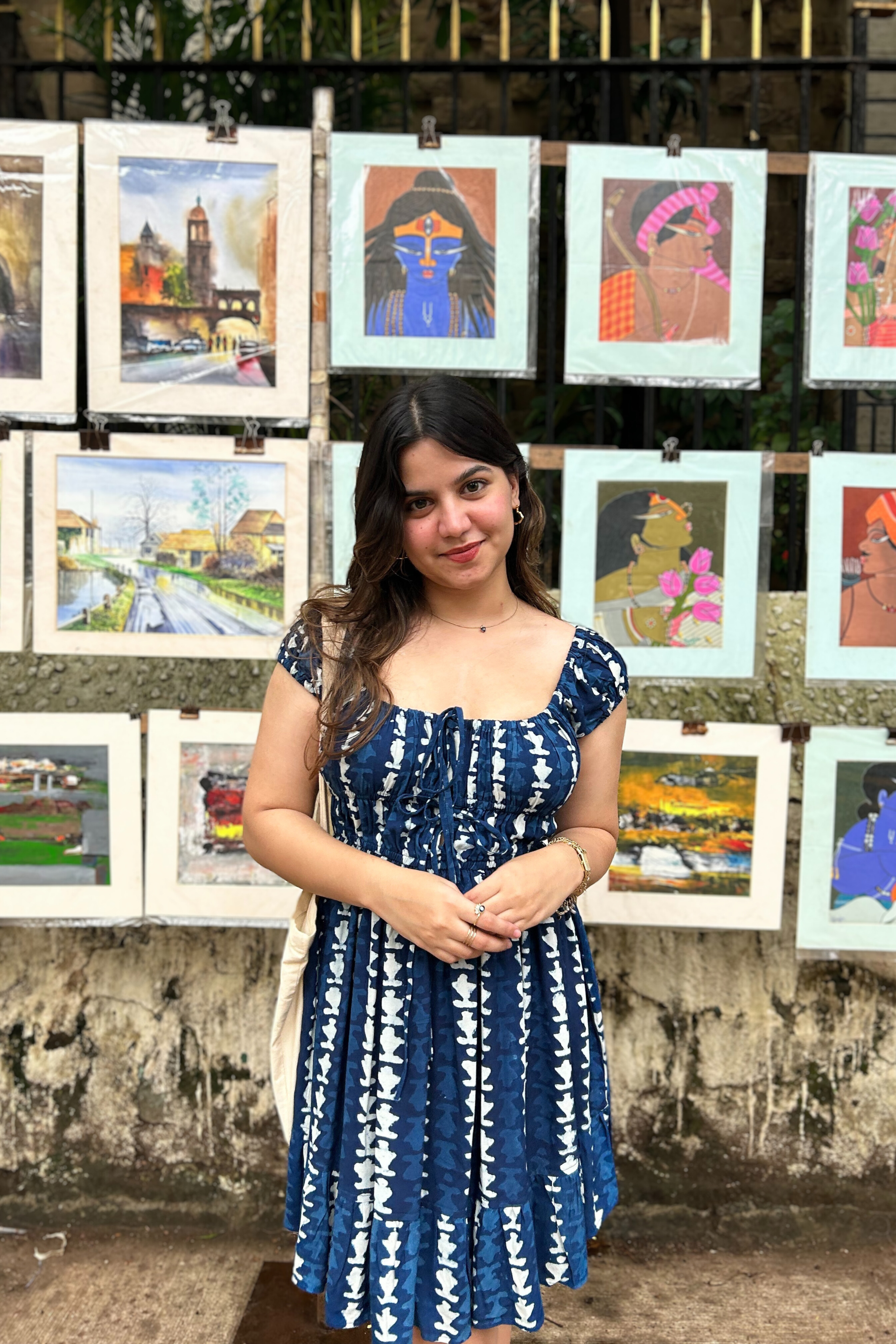 "Moonchild" Indigo Hand-Block Geometric Print Cotton Rayon Dress