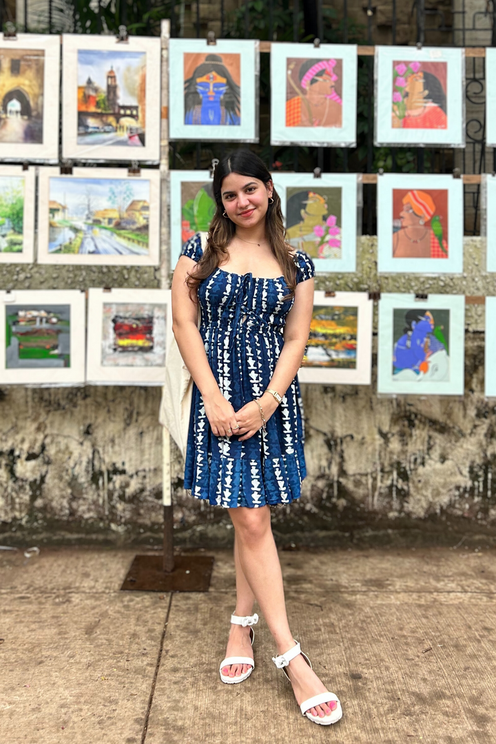 "Moonchild" Indigo Hand-Block Geometric Print Cotton Rayon Dress AMARAA