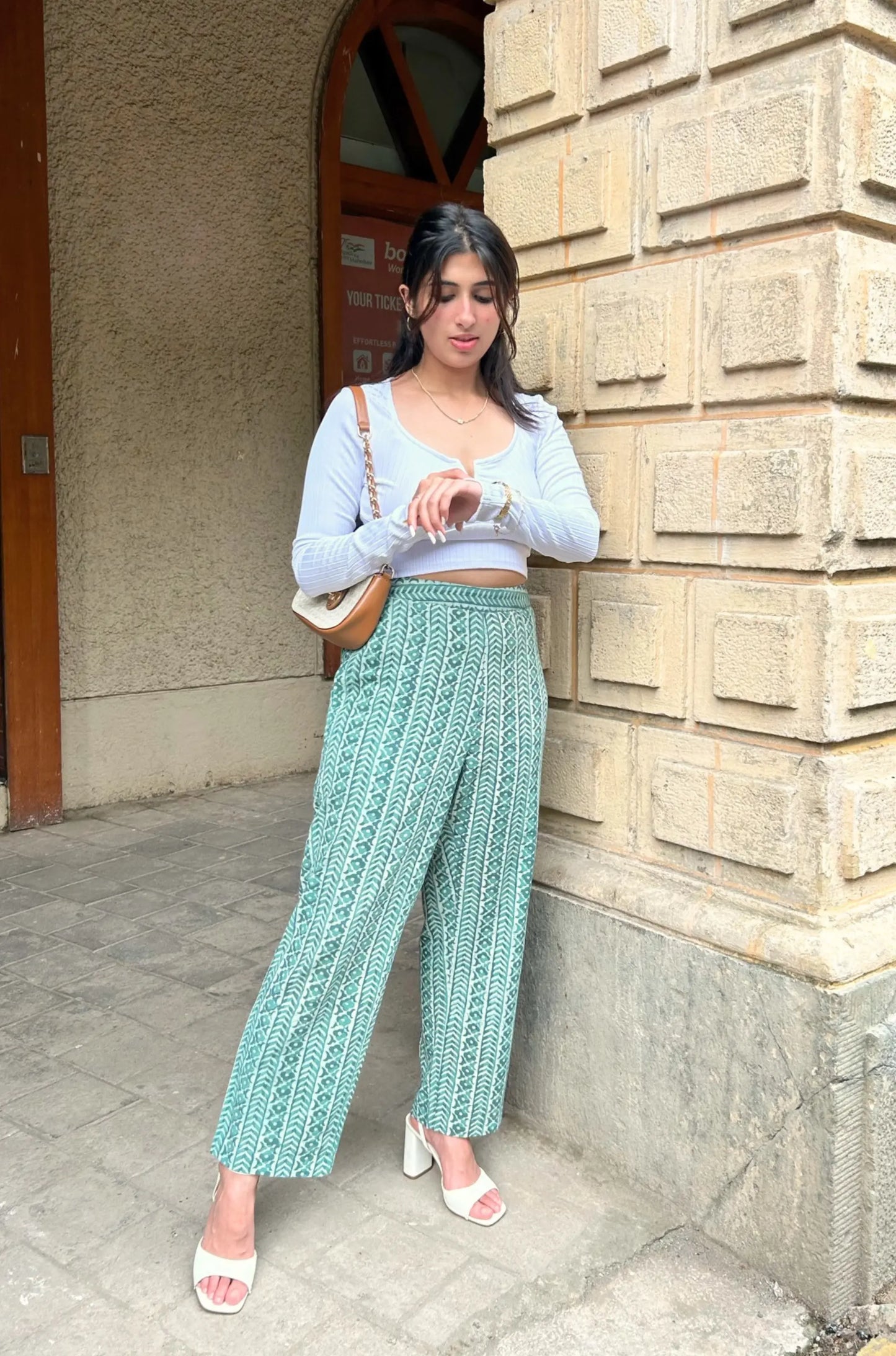 Sage Green Hand-Block Printed Pants with Pockets AMARAA
