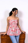 Pink Floral Print Tube Top With Back Bow Tie RESORT'24