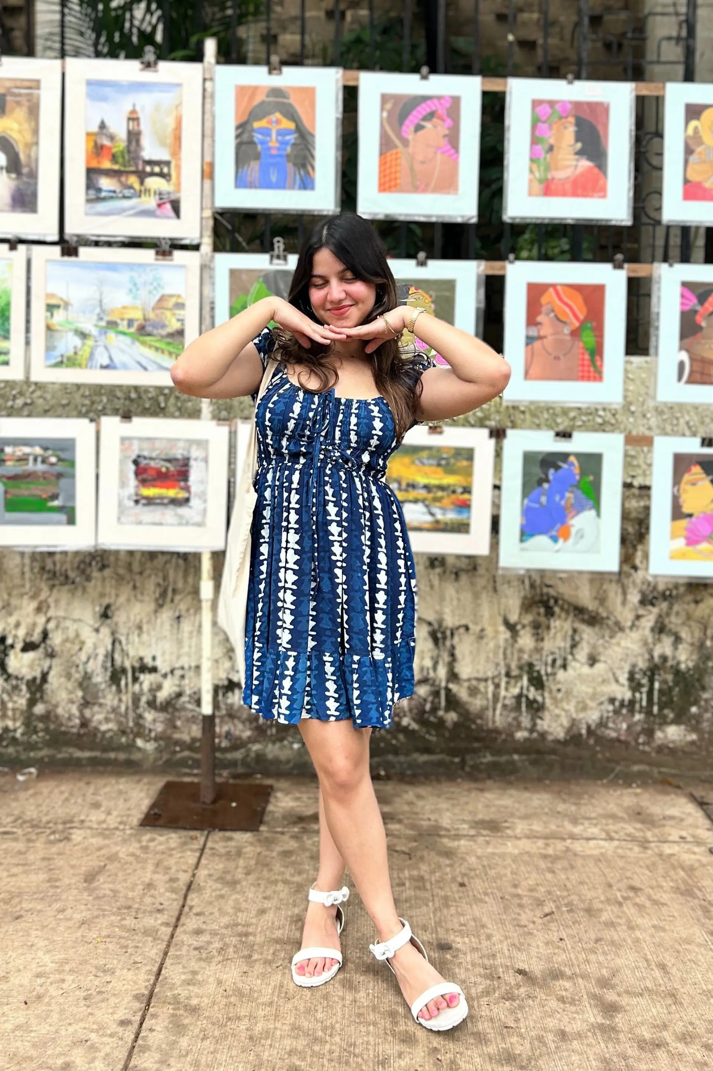 "Moonchild" Indigo Blue Hand-Block Geometric Print Cotton Rayon Short Dress AMARAA