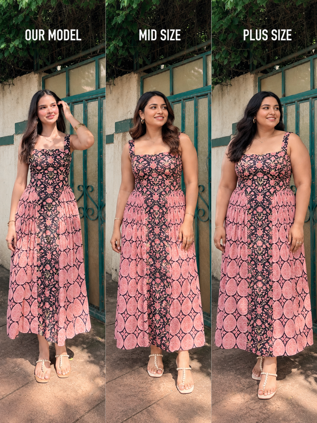 Black & Pink Floral Cotton Maxi Dress with Back Tie-Up & Side Zipper