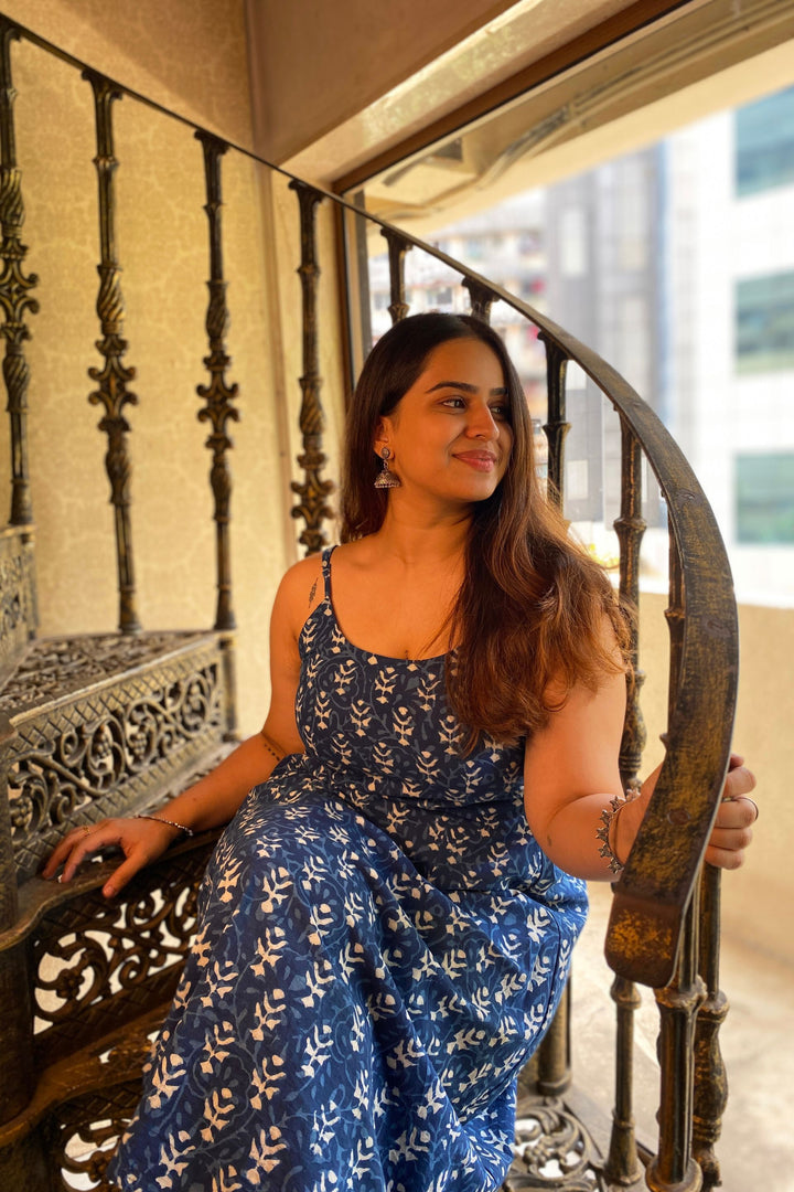 A-Line Indigo Block Print Cotton Dress with A Pocket AMARAA