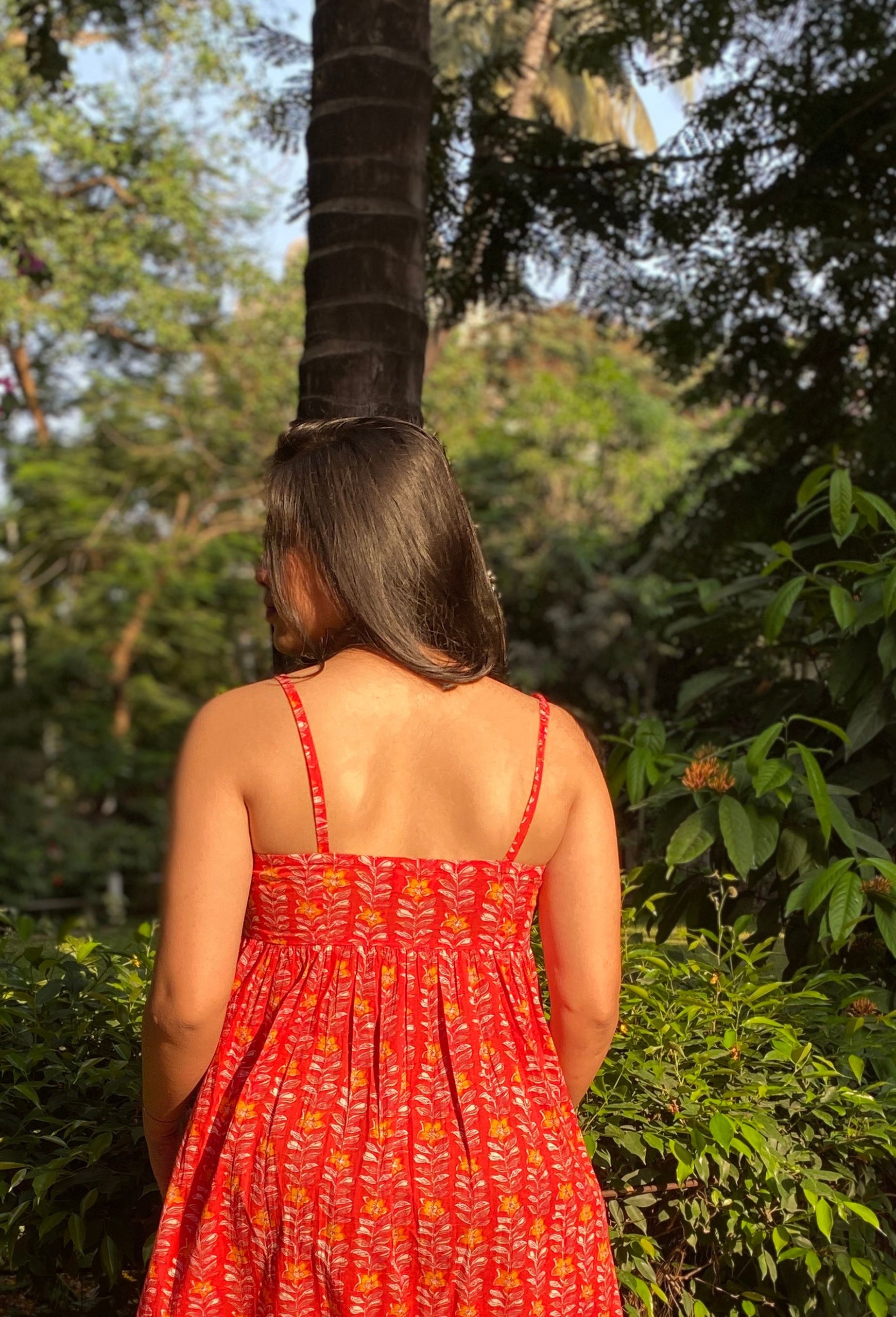 Crimson Red Floral Hand-Printed Cotton Maxi Dress with Pocket