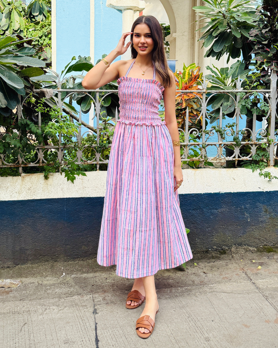 Pink & White Striped Smocking Dress Beat the October Heat